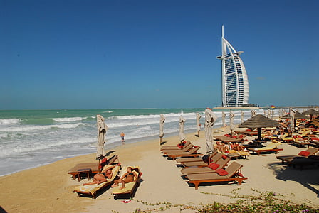Дубай, пляж, море, небо, Бурдж аль-Араб, горизонт, Готель