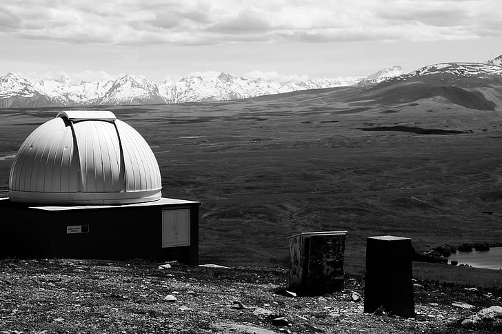 observatory, planetarium, mountains, snow, summit, alpine, clouds