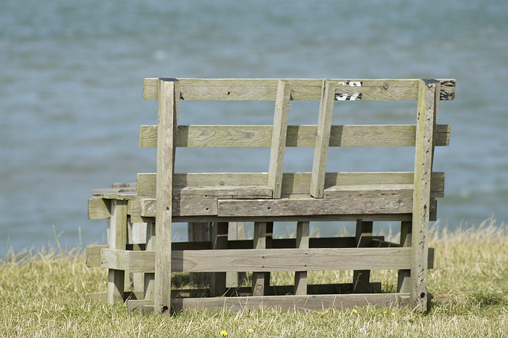 bank, sit, sea, garden bench, benches, old, wooden bench