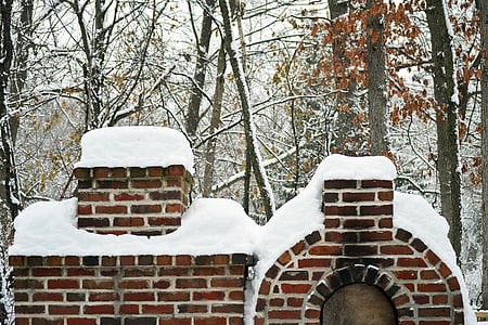 musim dingin, merah, batu bata, perapian, oven, di luar, Desember