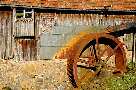 mill wheel, waterwheel, grind, energy, water, river, turn