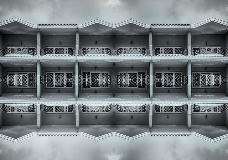 architecture, clouds, house, surreal, surrealism, symmetry