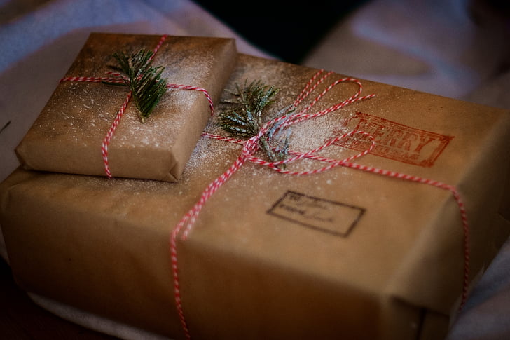 kaks, pruun, kasti, jõulud, nöörid, pidulik, kingitus