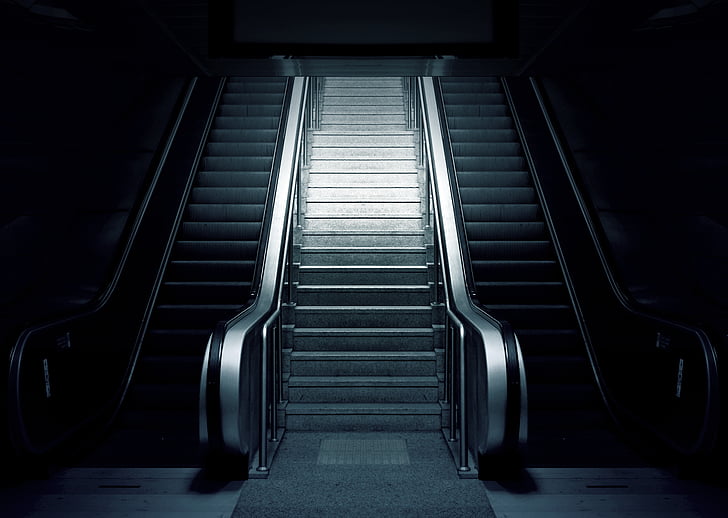 black-and-white, dark, escalator, escalators, staircase, stairs, station
