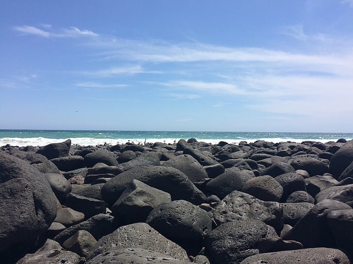 black rocky beach, beach, dark pebbles, sea, ocean, vacation