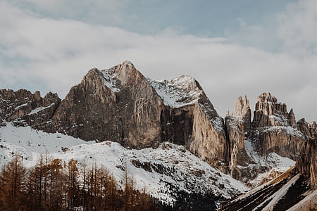snow, winter, cliff, rocks, mountains, hill, trees