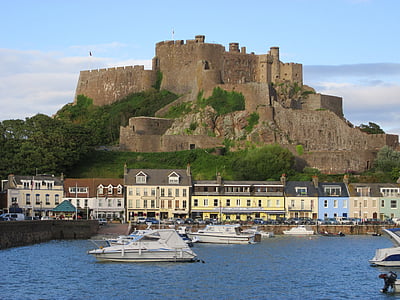 замък крепост, góry, остров Джърси, море, порт, кораби