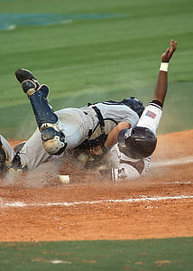 baseball, catcher, collision, competition, play, slide, score