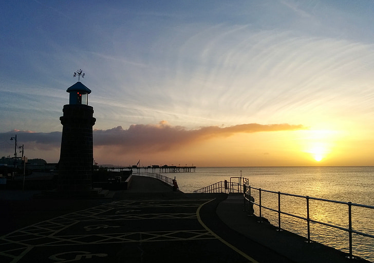 Teignmouth, Storbritannien, stranden, Lighthouse, soluppgång, Seaside, Resort