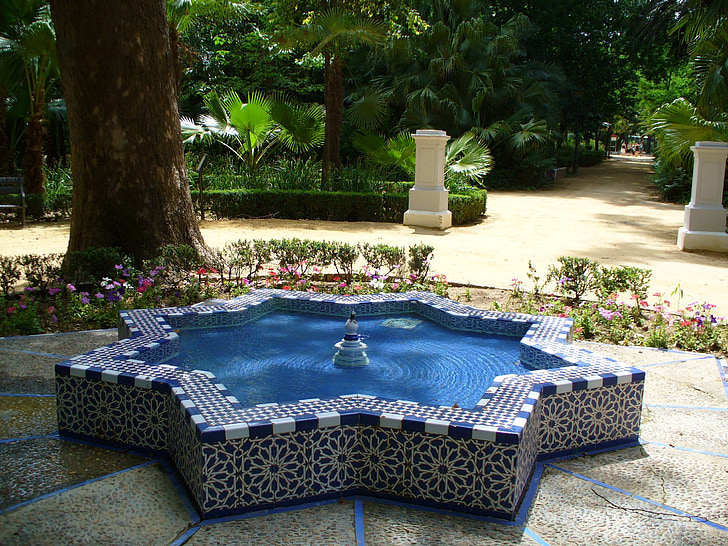 fountain, park, water, water games, garden, spain