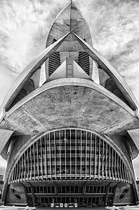 CAC, byen vitenskaper, Calatrava, Valencia, svart-hvitt, Spania, monument