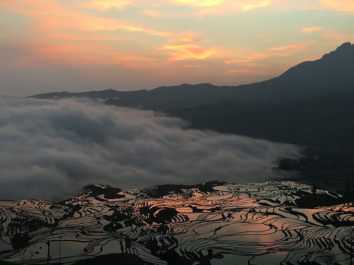 yuanyang riž terase, sončni vzhod, oblak
