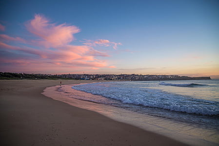 Maroubra, Sydney, Austrália, nascer do sol, oceano, praia, nuvens