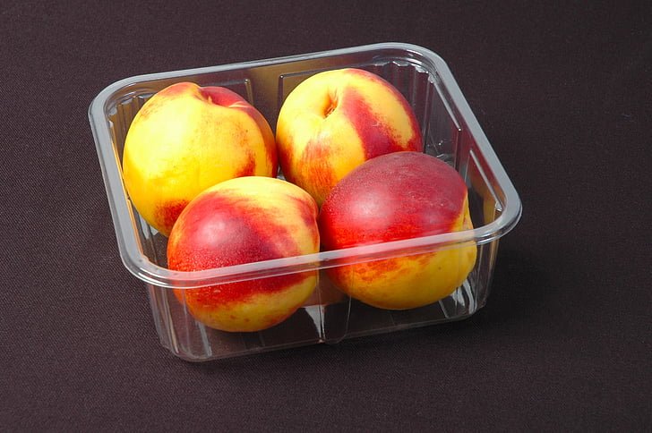 packing, fruit, plastic box, peach, food, snack