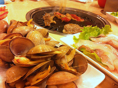 makanan laut, barbekyu, panas, perut babi, panggang, daging, api