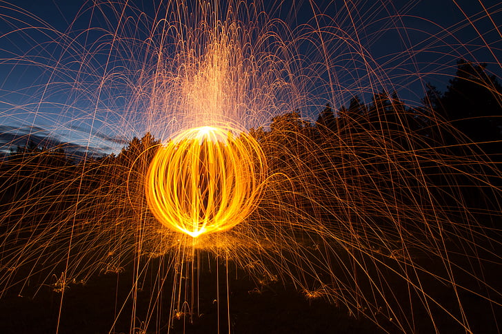 bola de foc, esfera, foc, quadre lleuger, nit, llum, espurnes