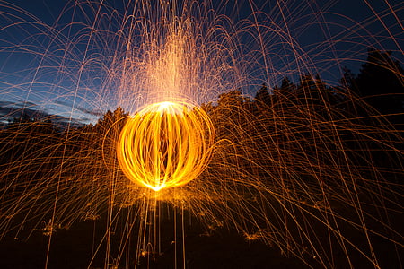 bola de fuego, esfera, fuego, pintura luz, noche, luz, chispas