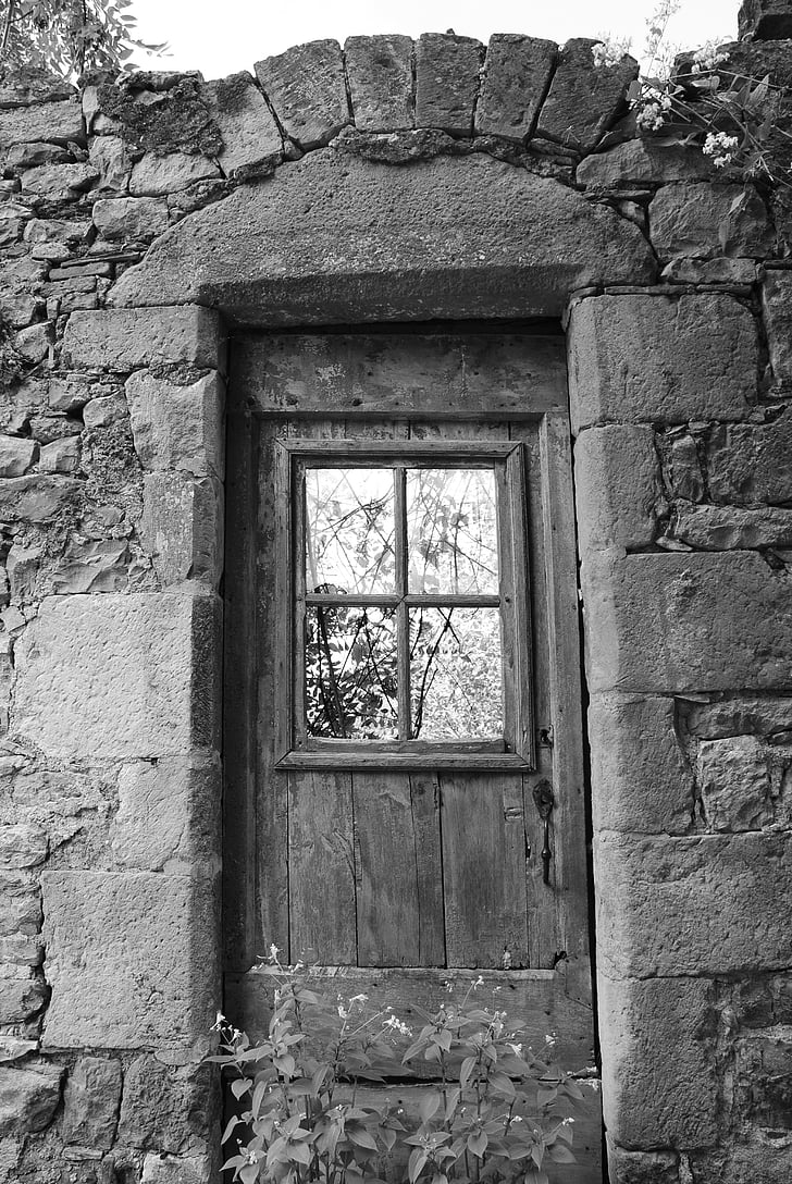døren, tidligere, middelalderlige, gamle, arkitektur, sort og hvid, sten materiale