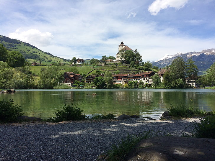 Lago, verano, Suiza, montañas, aldea, paisaje, agua
