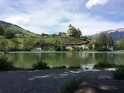 jezero, léto, Švýcarsko, hory, vesnice, krajina, voda