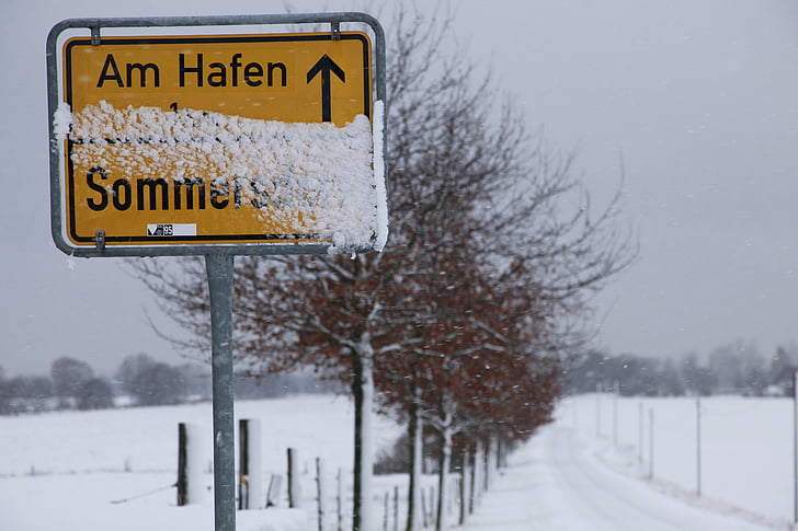 vinter, Seestrasse, søen, sne, tegn, vejskilt