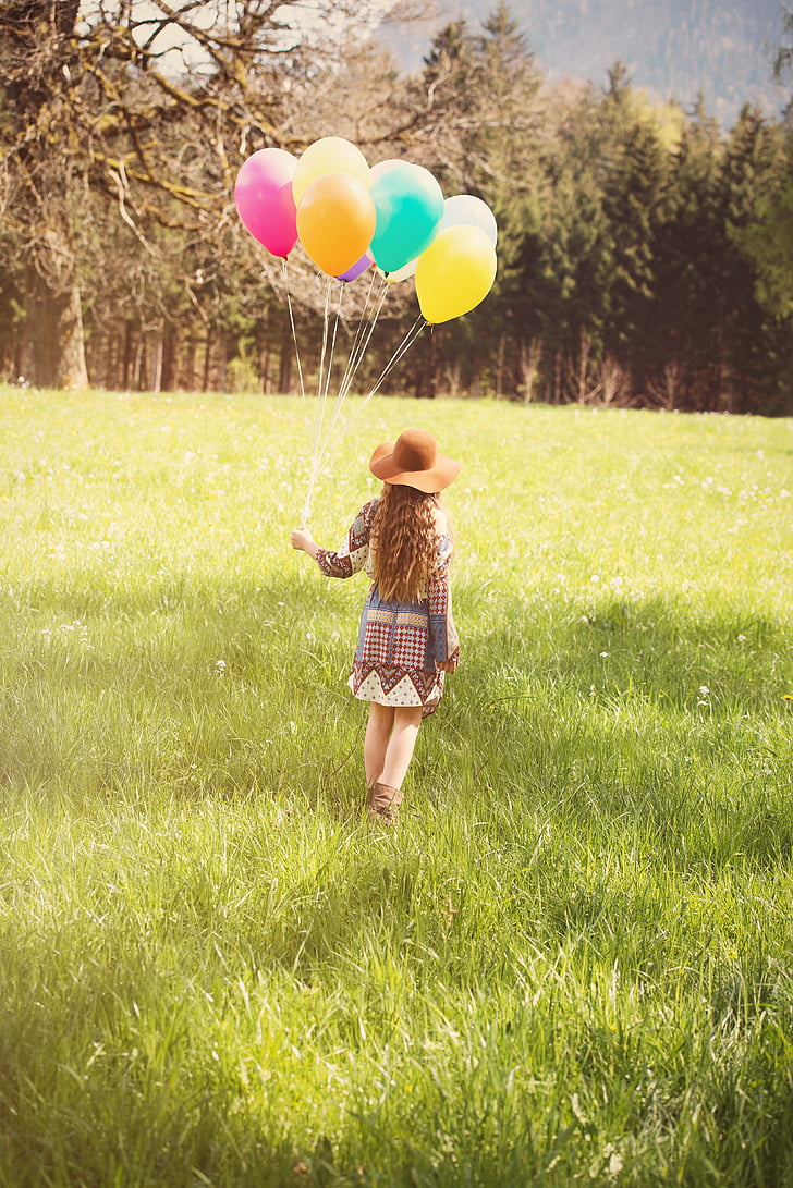person, human, female, girl, balloons, colorful, nature