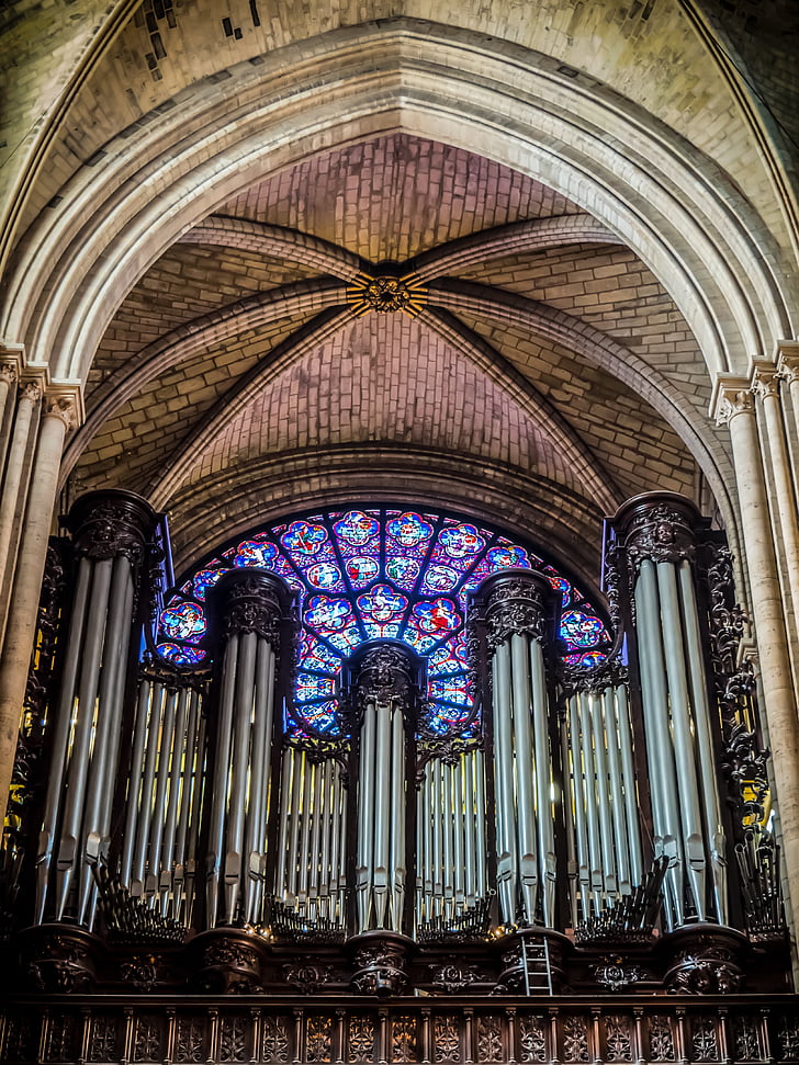 organ, paris, cathedral, rosette, stained glass window, columns, church