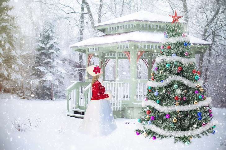 christmas background, backdrop, christmas scene, young christmas girl, christmas tree, gazebo, snowy