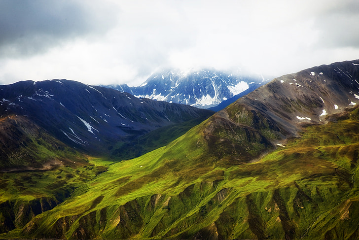 Alaska, montagnes, neige, vallée de, ravin, gorge, paysage