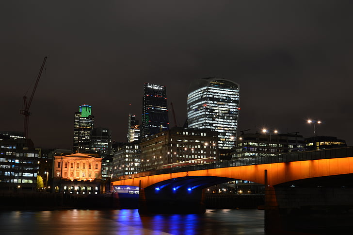 Londonas, tiltas, naktį, Miestas, upės, Anglijoje, Jungtinė Karalystė