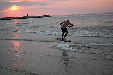 board, water, the baltic sea, the sun, twilight, sopot, beach