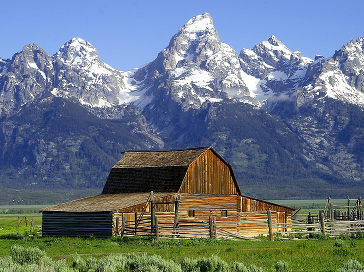 granero, Cabaña, mormonisch, Wyoming, Parque Nacional, Estados Unidos, montañas