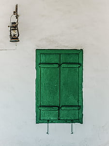 fenêtre de, en bois, vert, lampe, village, maison, architecture