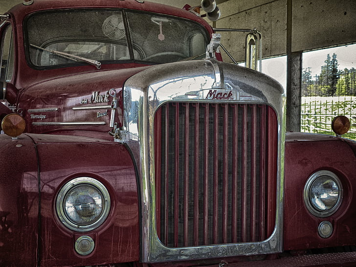 old, logging truck, red, transportation, vehicle, truck, front