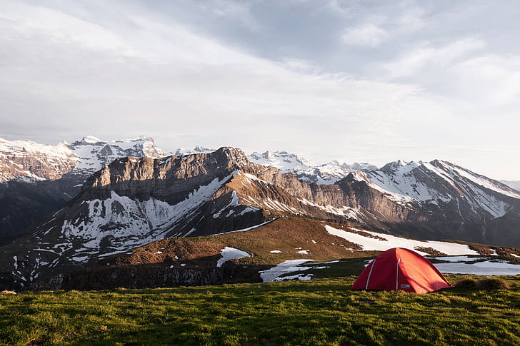 Camping, zimno, trawa, krajobraz, pasmo górskie, góry, Natura