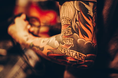 ramię, sztuka, szczelnie-do góry, człowiek, tatuaż