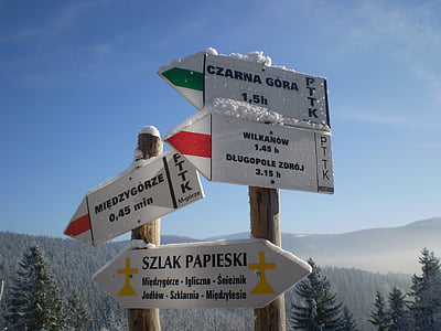 winter, mountains, signpost, sign, snow, landscape, white
