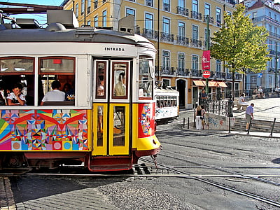 tramvaj, cestovní ruch, Portugalsko, město, Lanová dráha, ulice, Městská scéna