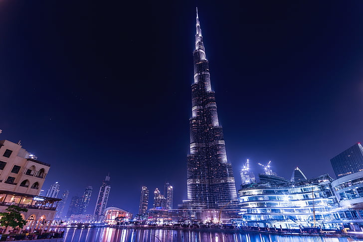 burj khalifa, emirates, dubai, uae, architecture, skyscraper, night