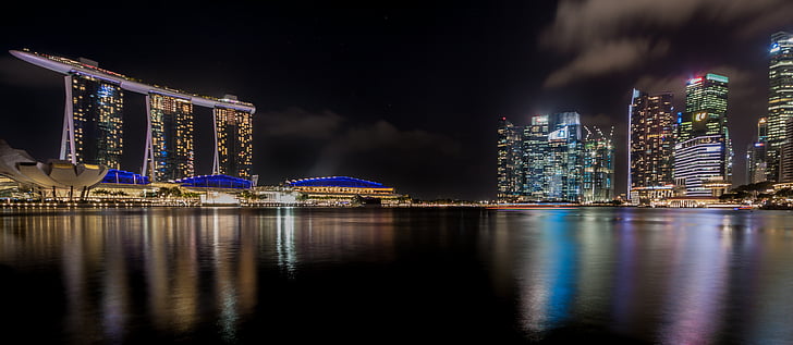 Singapur, Skyline, nocne zdjęcie, Zatoka Marina, drapacze chmur, Port, zatoce Port
