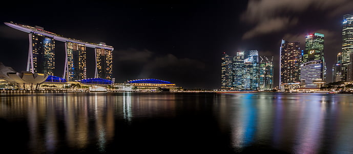 Singapur, Skyline, nocne zdjęcie, Zatoka Marina, drapacze chmur, Port, zatoce Port