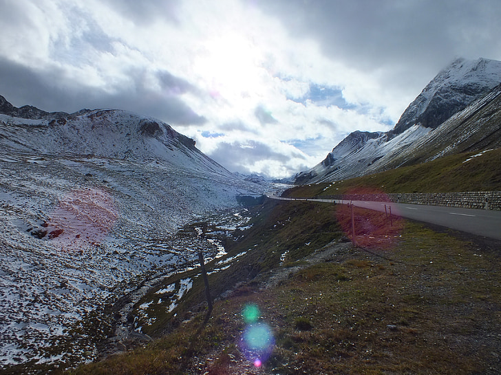 Albula pass, alpesi, téli, ősz, Svájc, hó, őszi hangulat