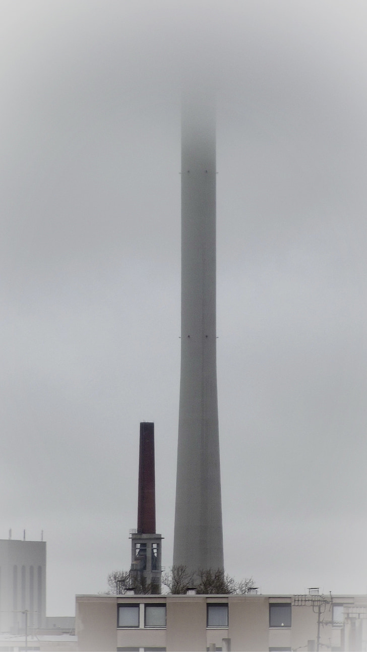 braunschweig, tower, chimney, architecture, fog, rain