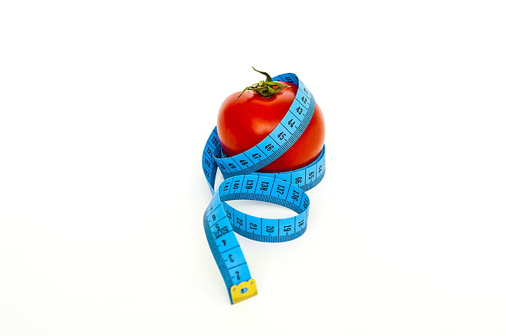 vermell, blau, mesurar, cinta, aliments, salut, tomàquet