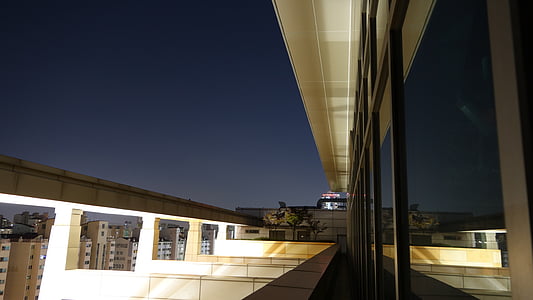 natthimlen, på taket, reflektioner, byggnad