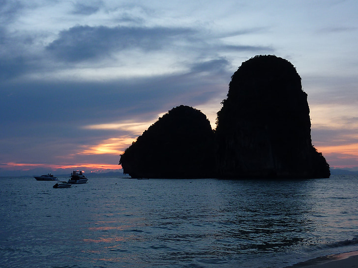 thailand, railey beach, water rocks, cliff, holiday, sunset