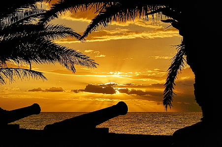 sunset, crepuscular rays, ocean, cannons, silhouettes, palm trees, light