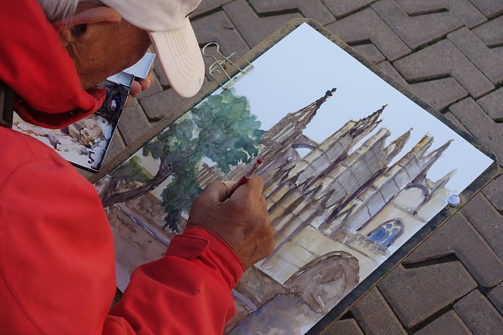 kunstnik, maali, Palma, Cathedral, La seu, akvarell, Mallorca