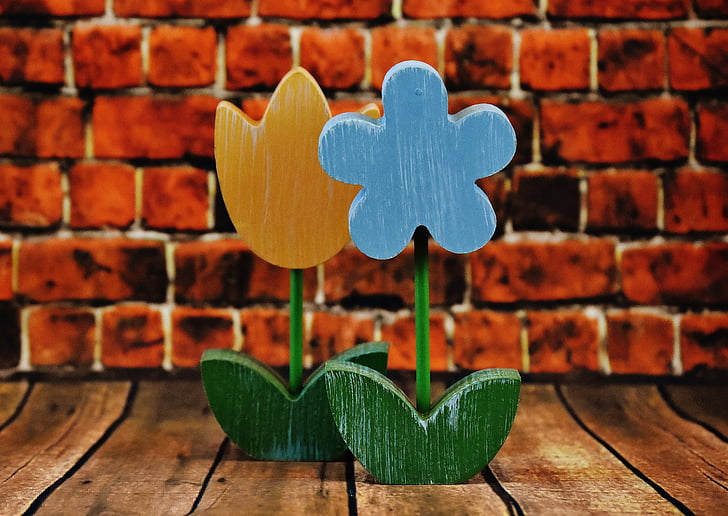 flowers, wood, deco, colorful, brick wall, no people, wood - material