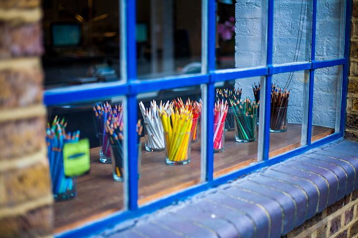 finestra, llapis, colors, creativitat, Londres, Anglaterra, dibuix